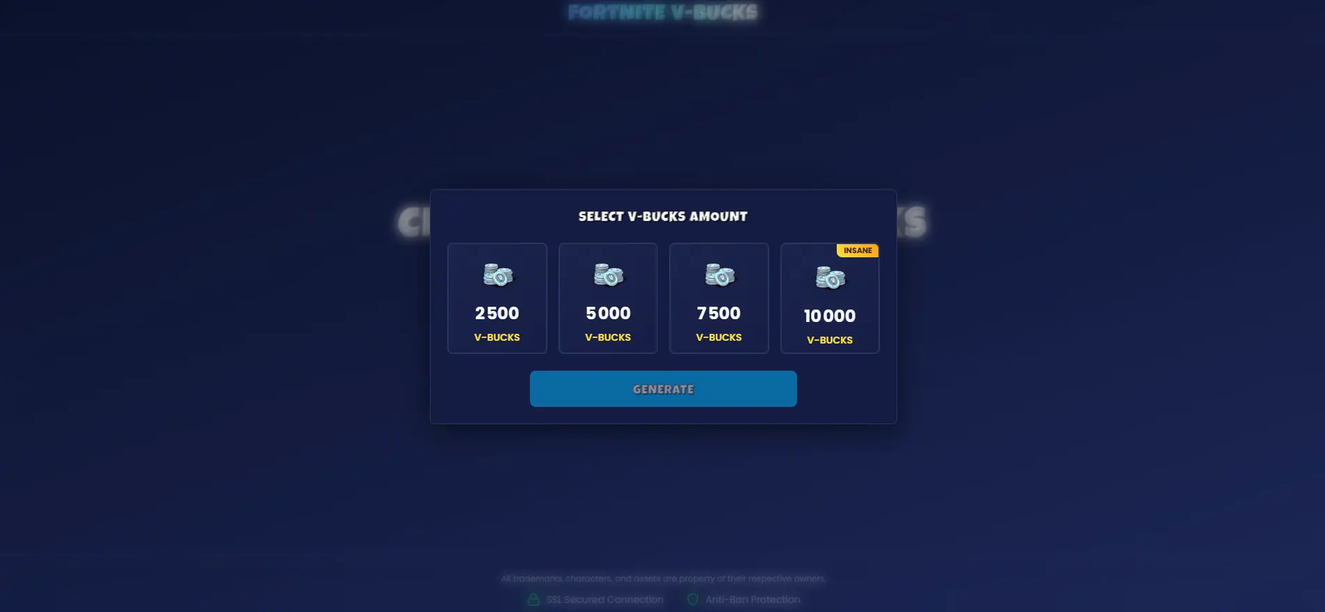 A success message confirming that free V-Bucks have been added to a user's Fortnite account, ready to be spent on skins.